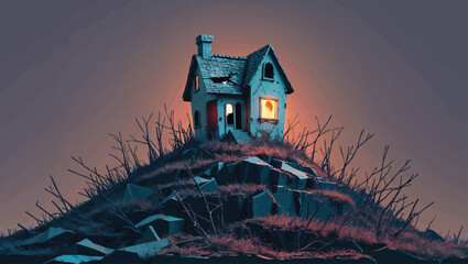 Haunted Hilltop Cottage: Spooky Abandoned House with Glowing Windows at Dusk