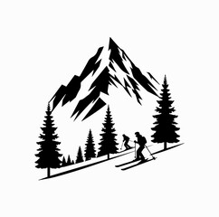 French Alps with Skiers Silhouette – Iconic France Mountain Tourism Vector