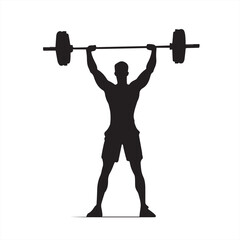 Silhouette of a Man Lifting Barbell Overhead - Vector Illustration