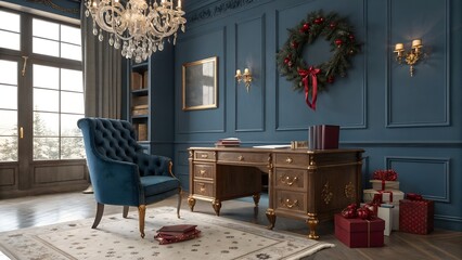 Royal Blue Office with Velvet Chair and Festive Garland