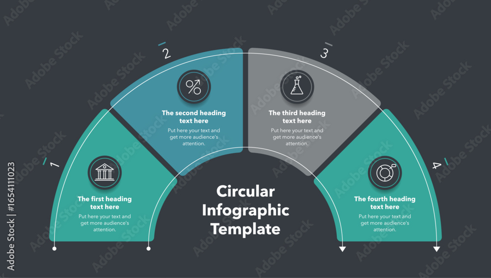 Poster circular infographic diagram divided into four steps - dark version. flat design with minimalistic i