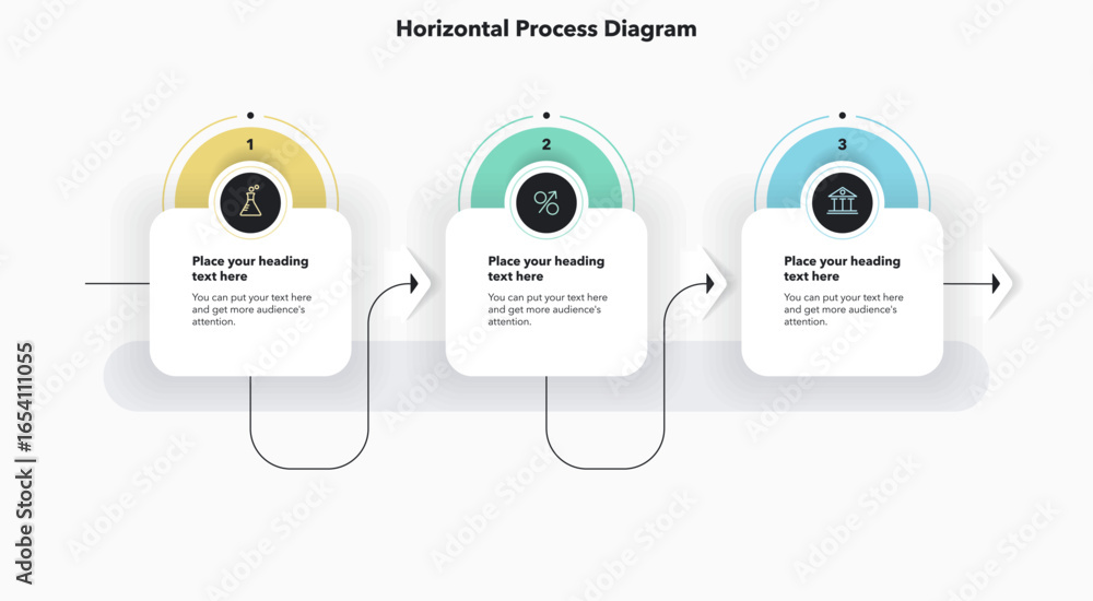 Poster horizontal process flow diagram with three colorful steps and a place for your text. simple infograp