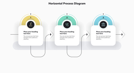 Fototapeta na wymiar Horizontal process flow diagram with three colorful steps and a place for your text. Simple infographic design with icons and curved thin line for workflow layout, banner or web design.