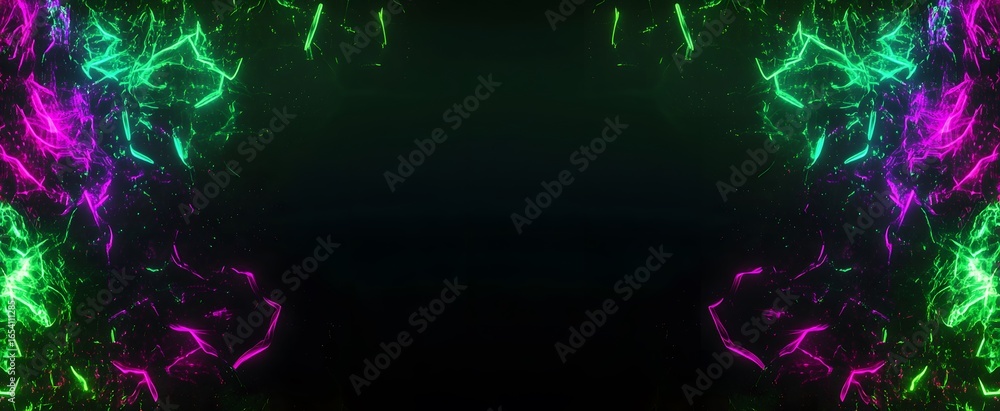 Poster a vibrant display of glowing, neon-hued shapes against a dark backdrop, creating a captivating and d