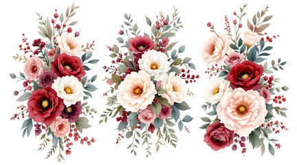 Watercolor Burgundy and Cream Floral Bouquets with Berries Isolated on Transparent Background