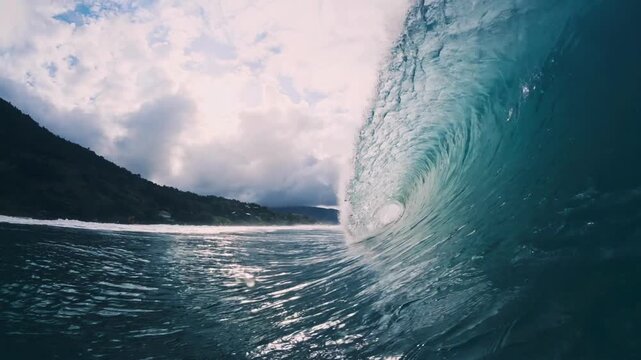 Slow motion barreling wave breaking and splashing, raw natural wonders Open Atlantic sea ocean water