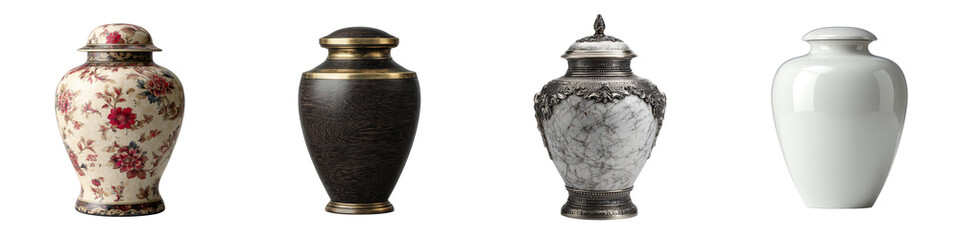 Decorative urns in varied styles including floral and black designs on transparent background