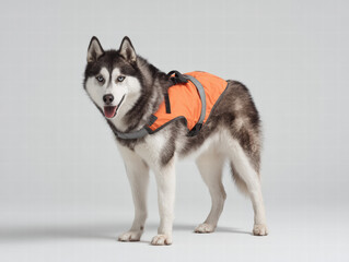 Husky reflective safety vest standing isolated alert happy Husky reflective safety vest standing