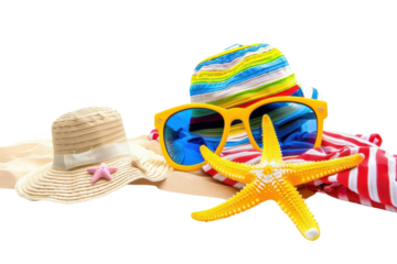 Summer Accessories with Hats, Sunglasses, and Starfish for Vacation