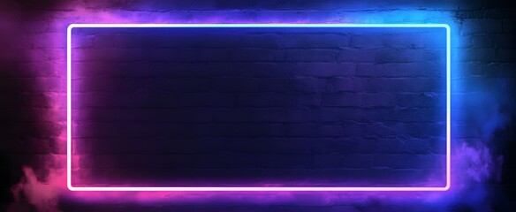 Empty, glowing neon rectangle frame against a dark brick wall, highlighting vibrant colors and a cool atmosphere.