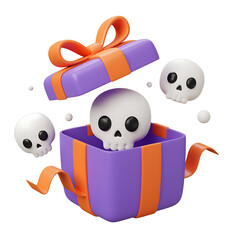 Fototapeta premium Spooky Halloween Gift Surprise with Floating Skulls and a Purple Present Box with Orange Ribbon on Black Background 3D Rendering