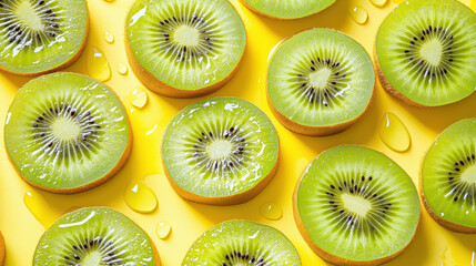Fototapeta premium Fresh kiwi slices arranged in pattern with water drops on vibrant yellow background, tropical fruit summer concept.