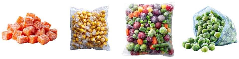 Frozen vegetable assortment in bags cubes chunks on transparent background