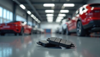 Obraz premium New ceramic brake pads laid on clean garage floor, ready for vehicle repair. Photorealistic close-up detail shot of automotive service equipment. Orderly repair shop setting with cars in background.