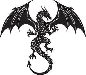 Naklejka premium Black Dragon Graphic with Ornate Body Details and Wide Spread Wings on White Background silhouette