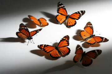 Six orange butterflies with black stripes and white spots flying in arc formation on pure white background, wings spread in natural flight motion.