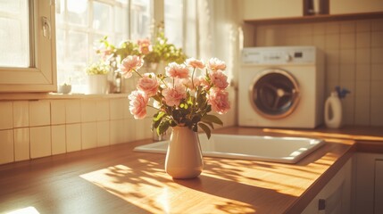 Sunny Kitchen with Pink Flowers and Washing Machine