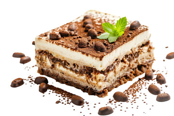 Delicious tiramisu cake with cocoa powder and chocolate candies