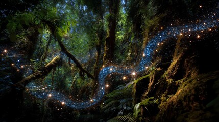 Magical forest with glowing stars and cosmic elements