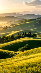 Fototapeta premium Rolling hills, golden fields, sunrise