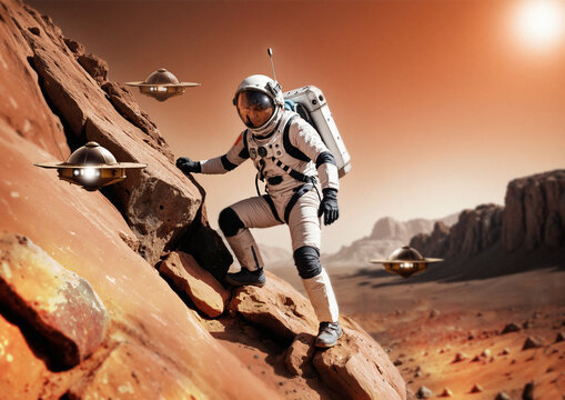 Astronaut climbing rocks on Mars, illustration