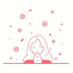 Minimalist line art illustration of a happy girl eating bread surrounded by flowers.