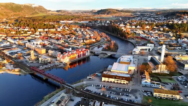 Drone view of church tower and waterfront in Steinkjer Norway