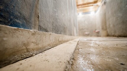 Obraz premium Detailed View of a Dimly Lit Grimy Floor in an Indoor Space with Wet Surfaces and Textured Walls, Capturing the Atmosphere of Neglect and Abandonment