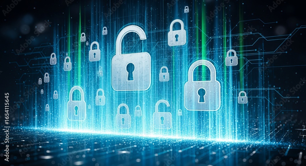 Poster digital padlocks with one open and others closed illustrating robust cybersecurity measures and data