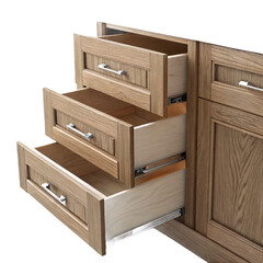 Oak kitchen cabinet with open drawers isolated on transparent background