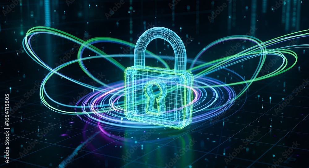 Poster a glowing digital padlock surrounded by swirling light streams represents robust cybersecurity and d