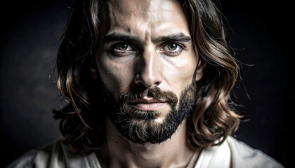 Fototapeta premium Intense Portrait of a Bearded Man with Piercing Eyes and Dark Background