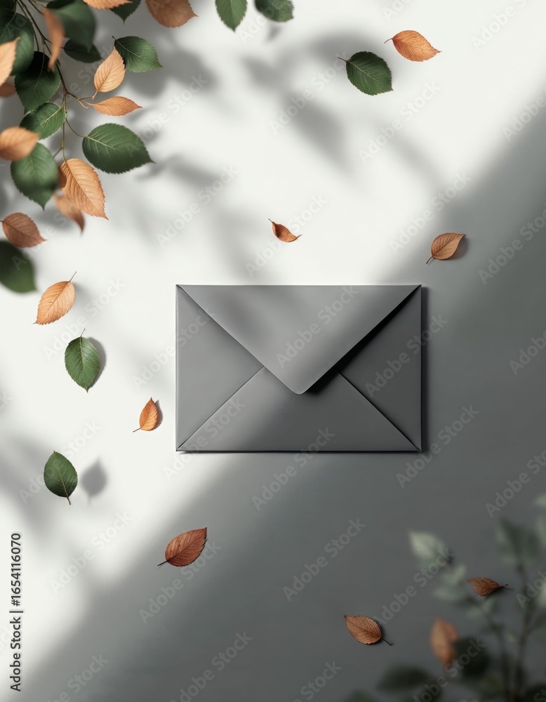Poster blank 3d envelope mockup with leaves falling diagonally on a light background for elegant presentati