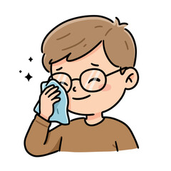 Obraz premium Cute Cartoon Boy Wiping Face with Light Blue Cloth.