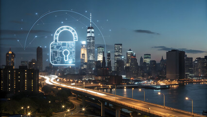 Fintech Cyber Defense A digital lock symbol hovers over a city skyline at night, representing urban cybersecurity and data protection.