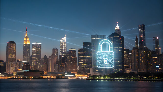 Fintech Cyber Defense City skyline at night with a digital padlock hologram symbolizing cybersecurity and data protection.