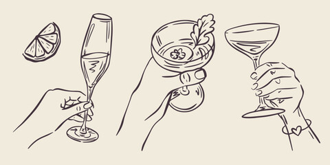 Whimsical hand drawn bar menu illustrations in trendy whimsical style. Perfect doodle for quirky italian wedding holiday, poster, dinner and bar menu, bachelorette party, birthday invitation, sign.