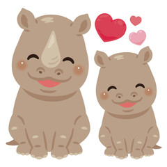 お座りした笑顔のサイの親子イラスト