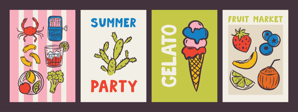 Whimsical hand drawn summer poster and postcard template in trendy hand drawn style. Perfect doodle for greece italian restaurant and cafe, kitchen wall art, poster, party, birthday, sign