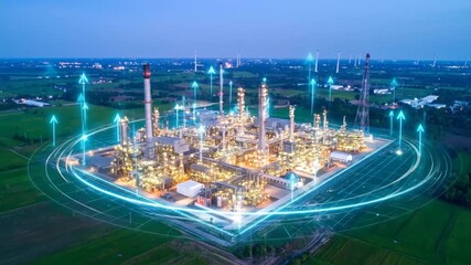 Aerial View: Illuminated Oil Refinery with Digital Arrows and Wind Turbines - Powered by Adobe