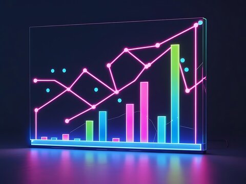 Neon bar and line graph showing upward trend