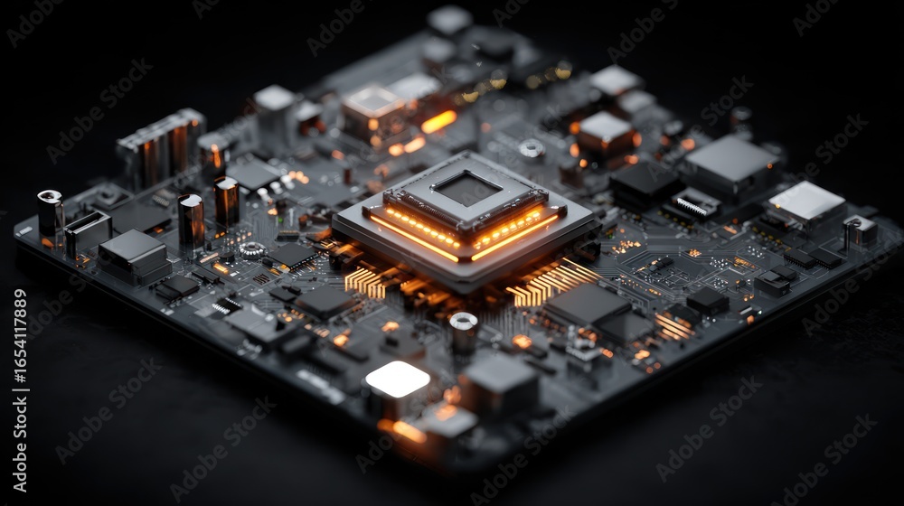 Fototapete close-up of a circuit board with a central processor, highlighted with warm orange light. complex ci