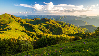Naklejka premium Lush green rolling hills and meadows under a bright blue sky, rural countryside landscape, tranquil and peaceful