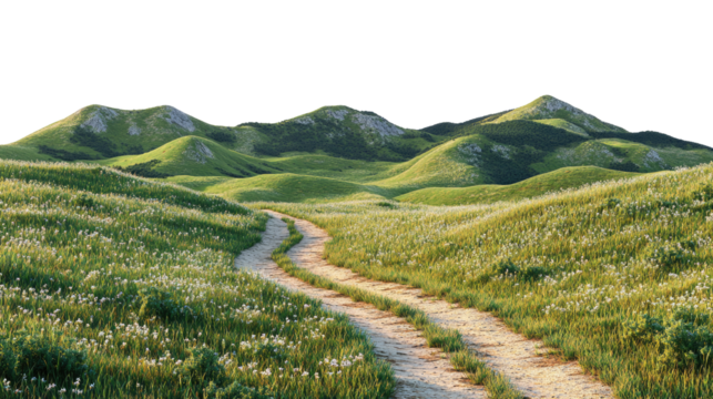 Dirt road through grassy hills and mountains cut out on white background PNG - Powered by Adobe
