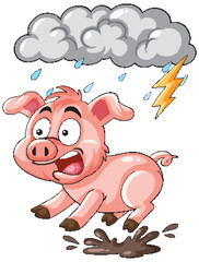 Cartoon Pig Running in Thunderstorm