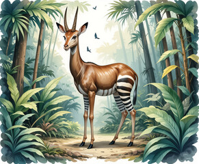 Graceful Watercolor Illustration of Rare Okapi