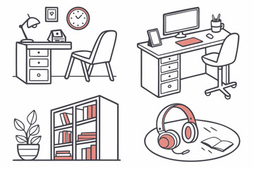 Collection of simple line art illustrations of home office and study elements