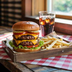 Tasty Burger with Fries and Soda on Tray