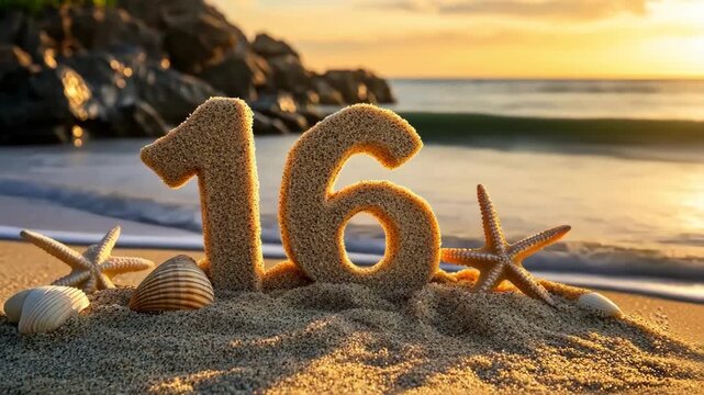 Sweet Sixteen beach celebration with sand numbers, seashells, and starfish at sunset.
