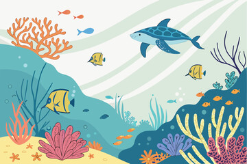 Colorful underwater scene with a dolphin fish and coral reefs